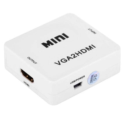 Compact VGA to HDMI Converter for High-Definition Signals white mini VGA2HDMI adapter showing HDMI output and USB power port
