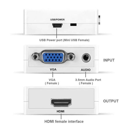 Compact VGA to HDMI Converter for High-Definition Signals showing VGA input, 3.5mm audio, USB power port and HDMI output