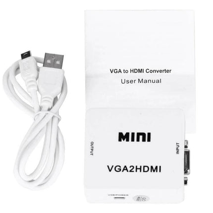 Compact VGA to HDMI Converter for High-Definition Signals white VGA2HDMI adapter with USB power cable and user manual