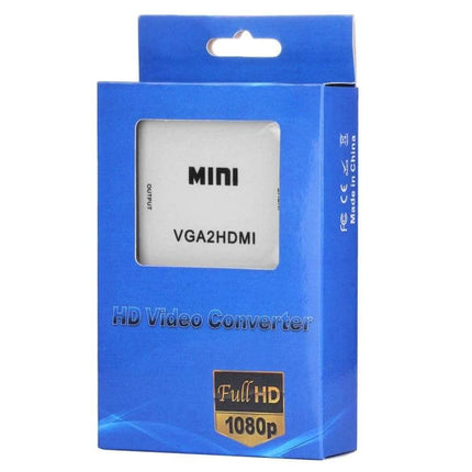 Compact VGA to HDMI Converter for High-Definition Signals - blue retail box showing MINI VGA2HDMI Full HD 1080p converter