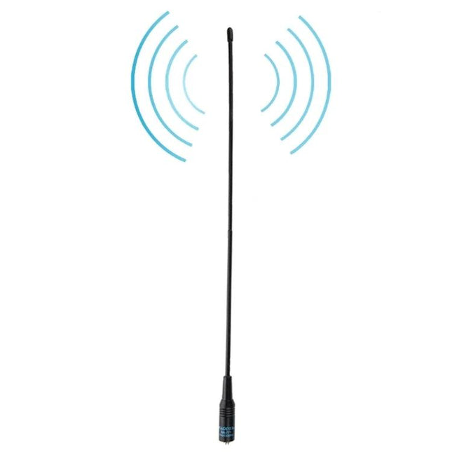 Nagoya Dual Band Flexible Whip Antenna for Walkie Talkies shown upright with signal waves for improved handheld radio range