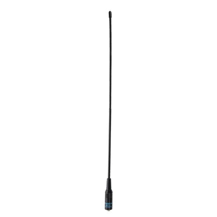 Nagoya Dual Band Flexible Whip Antenna for Walkie Talkies mounted on a handheld radio showing flexible black whip design