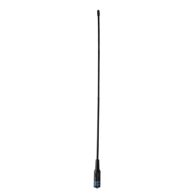 Nagoya Dual Band Flexible Whip Antenna for Walkie Talkies mounted on handheld radio, slim black flexible whip for outdoor and emergency use
