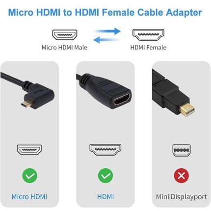 90 Degree Right-Angle Micro HDMI to HDMI Adapter Cable, 17cm shown with Micro HDMI male to HDMI female right-angle adapter for TVs and cameras