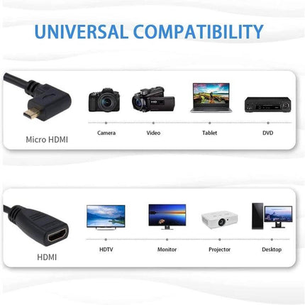 90 Degree Right-Angle Micro HDMI to HDMI Adapter Cable, 17cm connecting cameras tablets smartphones to HDTVs and monitors in tight spaces