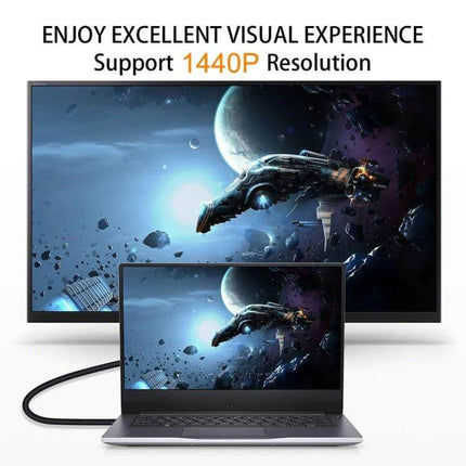 90 Degree Right-Angle Micro HDMI to HDMI Adapter Cable, 17cm connecting laptop to HDTV showing 1440P display, compact right-angle micro HDMI cable