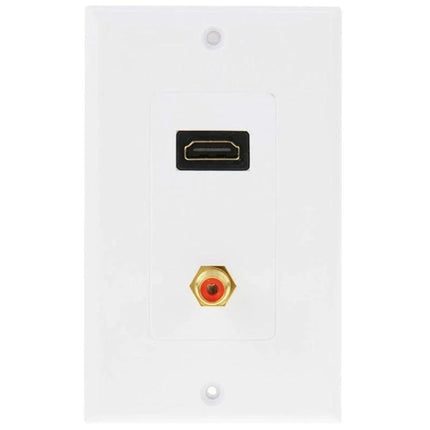 Wall Plate with HDMI and RCA Connectors for In-Wall Wiring showing HDMI port and gold RCA jack for clean home theater cable management