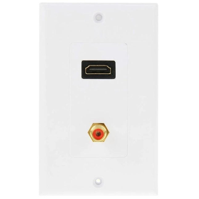 Wall Plate with HDMI and RCA Connectors for In-Wall Wiring showing HDMI port and gold RCA jack for clean home theater cable management