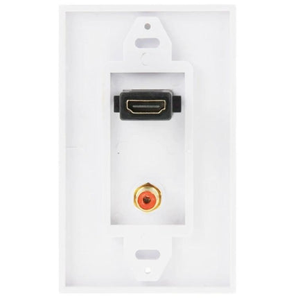 Wall Plate with HDMI and RCA Connectors for In-Wall Wiring showing white wall plate with HDMI port and single RCA jack for clean in-wall AV cable management