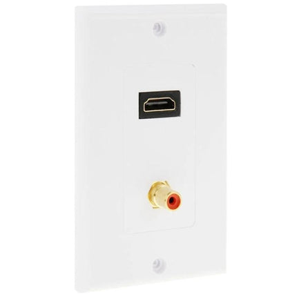 Wall Plate with HDMI and RCA Connectors for In-Wall Wiring white wall plate showing HDMI port and single RCA jack for clean in-wall AV cable management