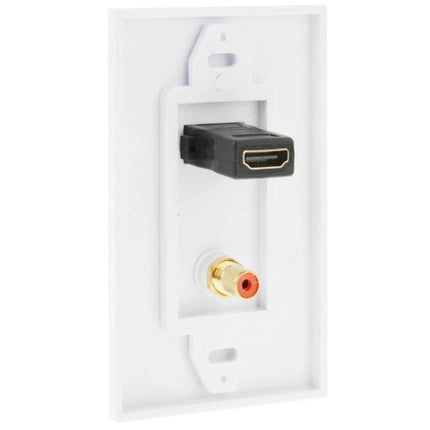 Wall Plate with HDMI and RCA Connectors for In-Wall Wiring showing HDMI jack and red RCA audio connector in white wall plate