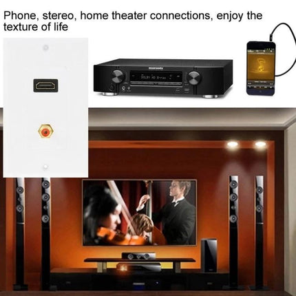 Wall Plate with HDMI and RCA Connectors for In-Wall Wiring showing HDMI port and RCA jack in a home theater setup for clean in-wall cable management