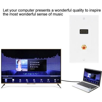 Wall Plate with HDMI and RCA Connectors for In-Wall Wiring shown installed with TV and laptop for clean in-wall audio/video connections