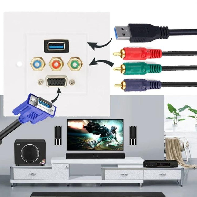 Multi-Port Wall Plate for USB, RCA, and VGA Cable Organization mounted on wall with USB 3.0, RCA and VGA cables connected for clean A/V setup