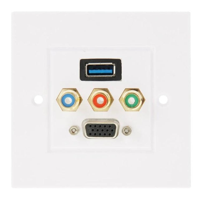 Multi-Port Wall Plate for USB, RCA, and VGA Cable Organization white wall plate with USB 3.0, component RCA jacks, and VGA port