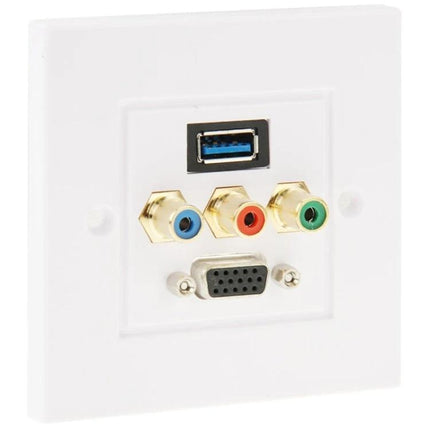 Multi-Port Wall Plate for USB, RCA, and VGA Cable Organization with USB 3.0, component RCA jacks and VGA port in white faceplate
