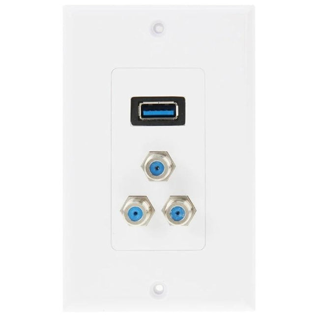 Durable White USB Wall Plate for Easy Home Device Charging with USB 3.0 port and three coax connectors, paintable white faceplate