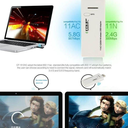 EDUP Dual-Band USB WiFi Adapter for Wireless Connectivity plugged into laptop illustrating 5.8GHz and 2.4GHz performance