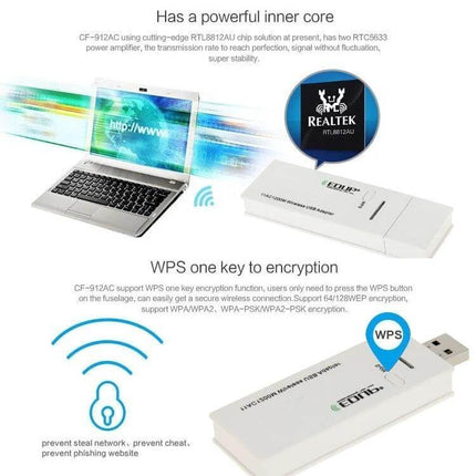 EDUP Dual-Band USB WiFi Adapter for Wireless Connectivity - white USB WiFi adapter shown next to laptop and WPS icon