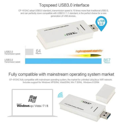 EDUP Dual-Band USB WiFi Adapter for Wireless Connectivity – white USB3.0 WiFi adapter showing 2.4GHz/5.8GHz support and Windows XP/Vista/7/8 compatibility