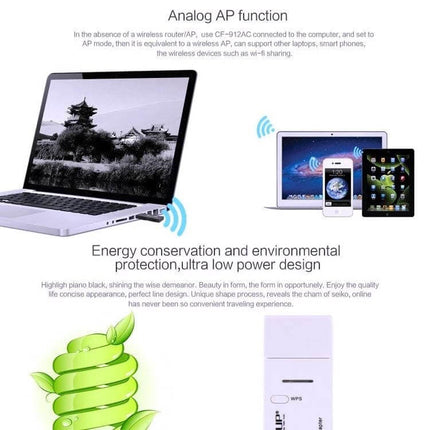 EDUP Dual-Band USB WiFi Adapter for Wireless Connectivity showing laptop and mobile devices in AP mode with low-power eco design