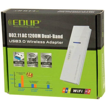 EDUP Dual-Band USB WiFi Adapter for Wireless Connectivity — white USB3.0 802.11AC 1200M adapter box showing 2.4/5.8GHz dual-band features