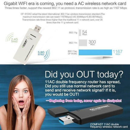 EDUP Dual-Band USB WiFi Adapter for Wireless Connectivity showing 2.4GHz and 5.8GHz bands, USB stick images and speed comparison chart