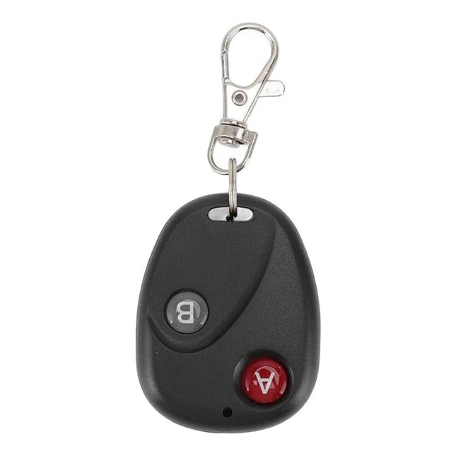 Wireless Remote Switch for Controlling Devices - black two-button key fob remote with clip for garage or gate control