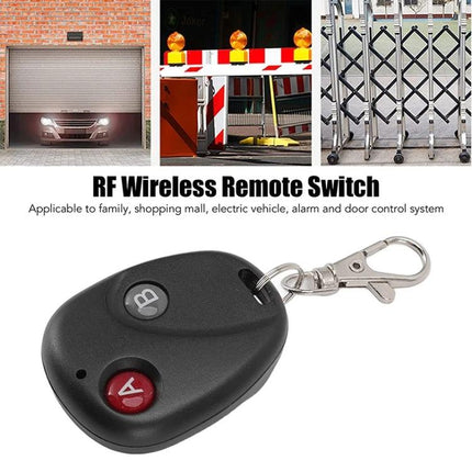 Wireless Remote Switch for Controlling Devices - black two-button RF key fob with metal clip used for garage doors gates and barriers