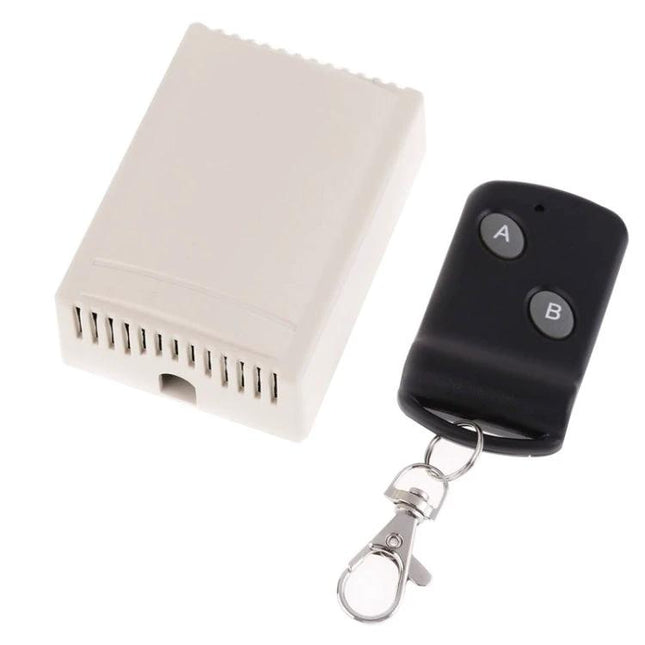 Wireless Remote Control System for Device Switching and Operation white receiver module and black two-button key fob remote for garage gates and locks