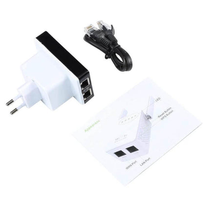 Compact Portable Mini Wireless Router for Everyday Connectivity white plug-in travel AP mode with Ethernet cable and quick start guide