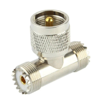 UHF Adapter for Connecting Cables with Male to Dual Female Design - nickel plated T-connector for splitting one UHF male into two female outputs