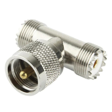 UHF Adapter for Connecting Cables with Male to Dual Female Design – chrome UHF male to dual female T-adapter for radio testing and signal splitting