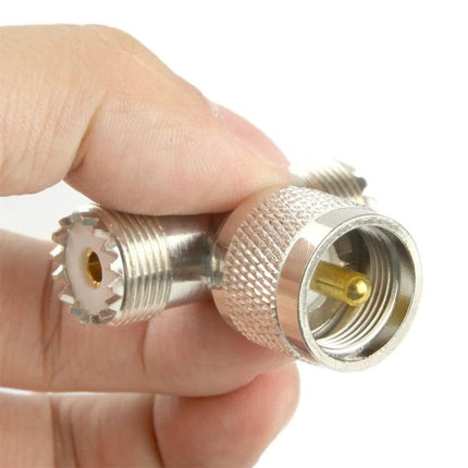 UHF Adapter for Connecting Cables with Male to Dual Female Design — hand-held nickel-plated splitter for amateur radio testing