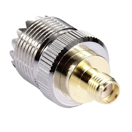 SMA Female to UHF Female Coaxial Adapter for Antenna Connections - gold-plated SMA to silver UHF antenna connector