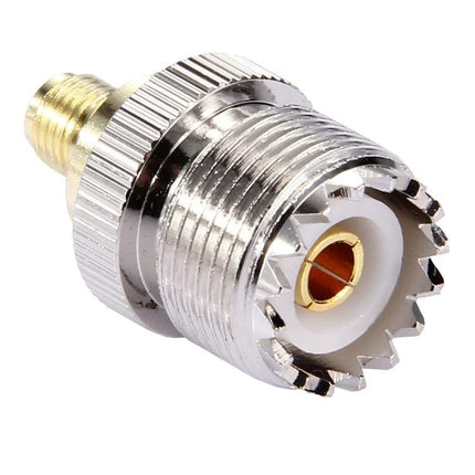 SMA Female to UHF Female Coaxial Adapter for Antenna Connections metal adapter close-up