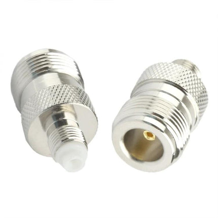 RF Coaxial Adapter for FME Female to N Female Connections shown as two silver adapters for antenna and RF coax setups