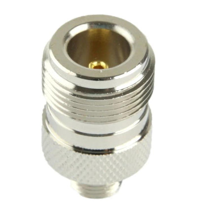 RF Coaxial Adapter for FME Female to N Female Connections, close-up of nickel-plated adapter showing FME and N female ends