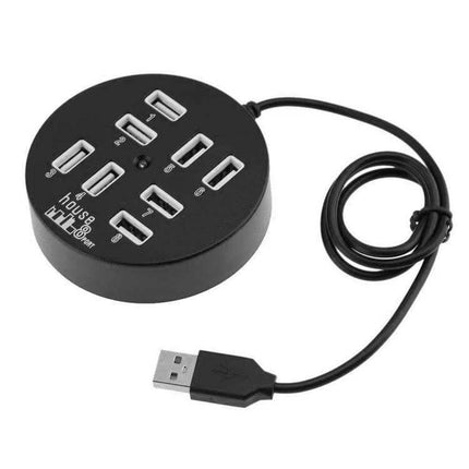 Portable 8-Port USB 2.0 Hub for Laptops and Devices - compact round black hub with 8 USB ports and attached cable