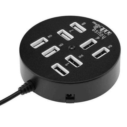 Portable 8-Port USB 2.0 Hub for Laptops and Devices — compact round black USB hub with eight ports for connecting drives, keyboard, mouse on laptop (portable)