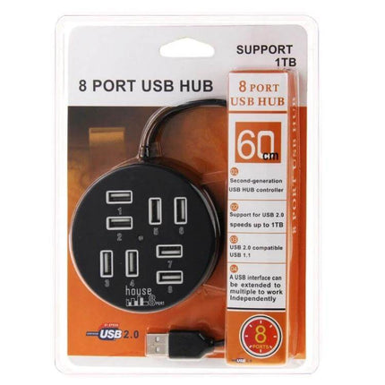Portable 8-Port USB 2.0 Hub for Laptops and Devices - compact round 8-port USB 2.0 hub in retail packaging with 60cm cable, ideal for expanding laptop connectivity