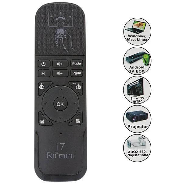 Rii i7 Mini Wireless Keyboard Remote for Smart TVs and HTPC showing compact black mini keyboard remote with touchpad and function buttons