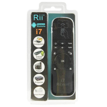 Rii i7 Mini Wireless Keyboard Remote for Smart TVs and HTPC in retail packaging showing remote and feature icons