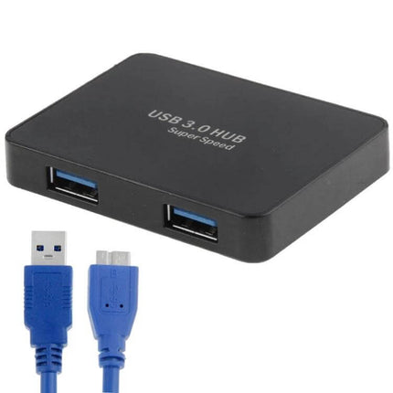 USB 3.0 Hub with 4 Ports and Transmission Cable for Device Connections — compact black 4‑port USB 3.0 hub with blue transmission cable for laptops and peripherals