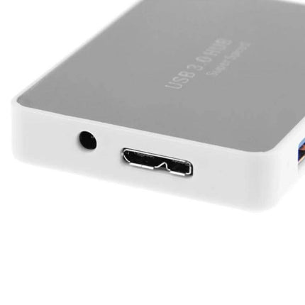 USB 3.0 Hub with 4 Ports and Transmission Cable for Device Connections showing close-up of hub port and connector for expanding laptop peripherals