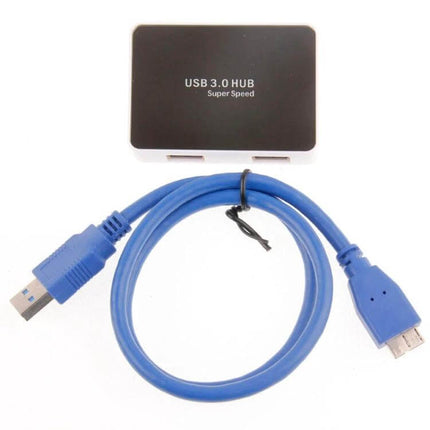 USB 3.0 Hub with 4 Ports and Transmission Cable for Device Connections - compact black hub with blue USB 3.0 transmission cable