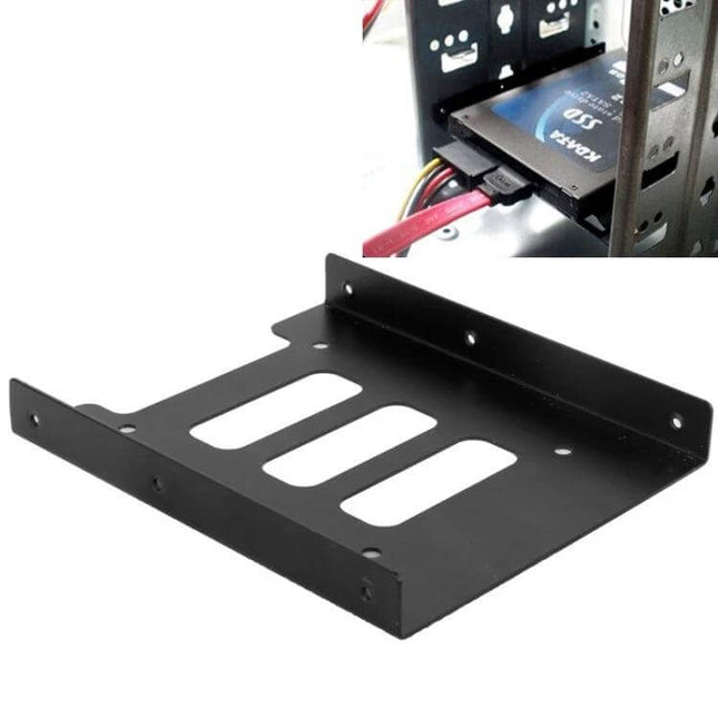 Durable Metal Adapter Bracket for 2.5 to 3.5 Inch Hard Drives showing black metal bracket and SSD installed in desktop bay