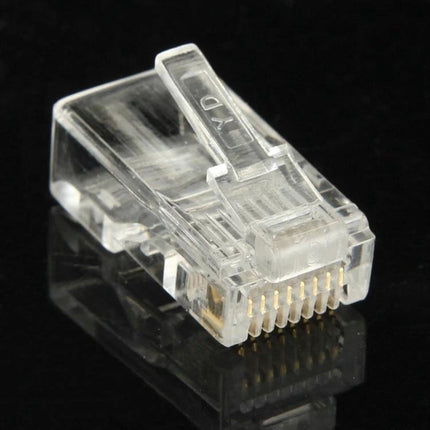 100-Pack Gold-Plated RJ45 Modular Connectors for Ethernet Cables - clear plug close-up showing gold contacts for reliable Ethernet termination