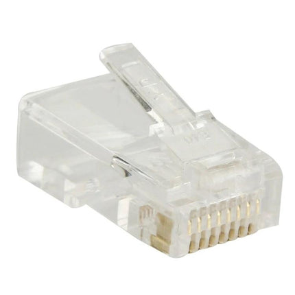 100-Pack Gold-Plated RJ45 Modular Connectors for Ethernet Cables single clear connector close-up showing gold contacts and latch for cable termination