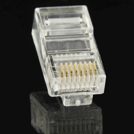 100-Pack Gold-Plated RJ45 Modular Connectors for Ethernet Cables - clear plastic connector close-up showing gold contacts for reliable Ethernet terminations